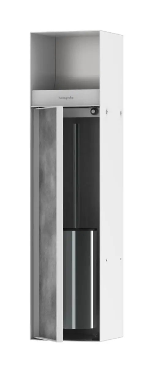 Hansgrohe Toilettenbürstenhalter mit befliesbarer Tür in Mattweiß, bestehend aus einem stabilen Gehäuse mit integriertem Papierhalter und Platz für die Toilettenbürste.